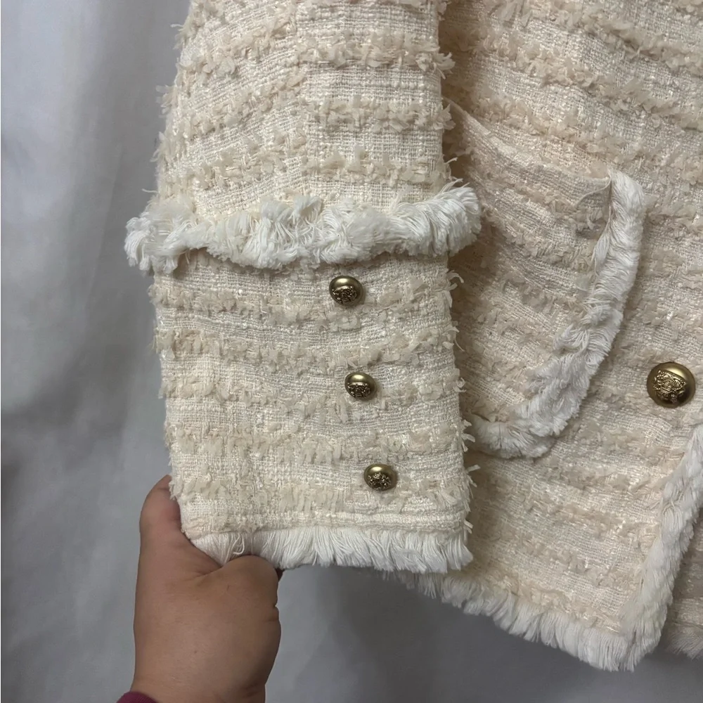 SANFU Cream Textured Blazer with Gold Accents
